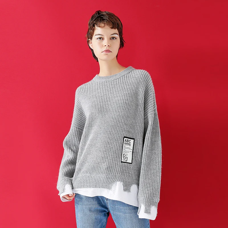 Toyouth Women's Sweater 2018 Patchwork Pullovers Knitted Sweater For Women Crew Neck Long Sleeve Irregular Female Jumpe Tops
