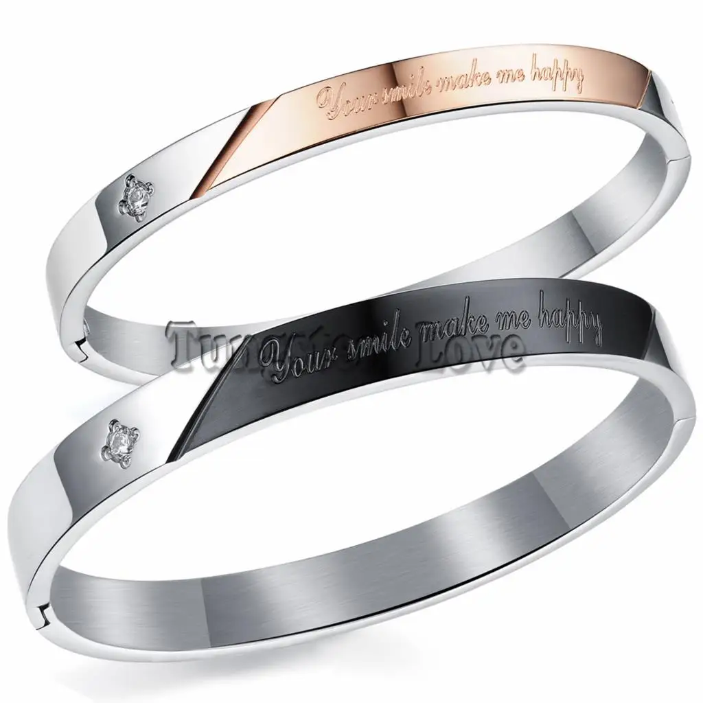

1 Piece "your smile make me happy" Bangle Bracelet Black & Rose Gold Stainless Steel Bracelets For Men or Women Couple Gifts