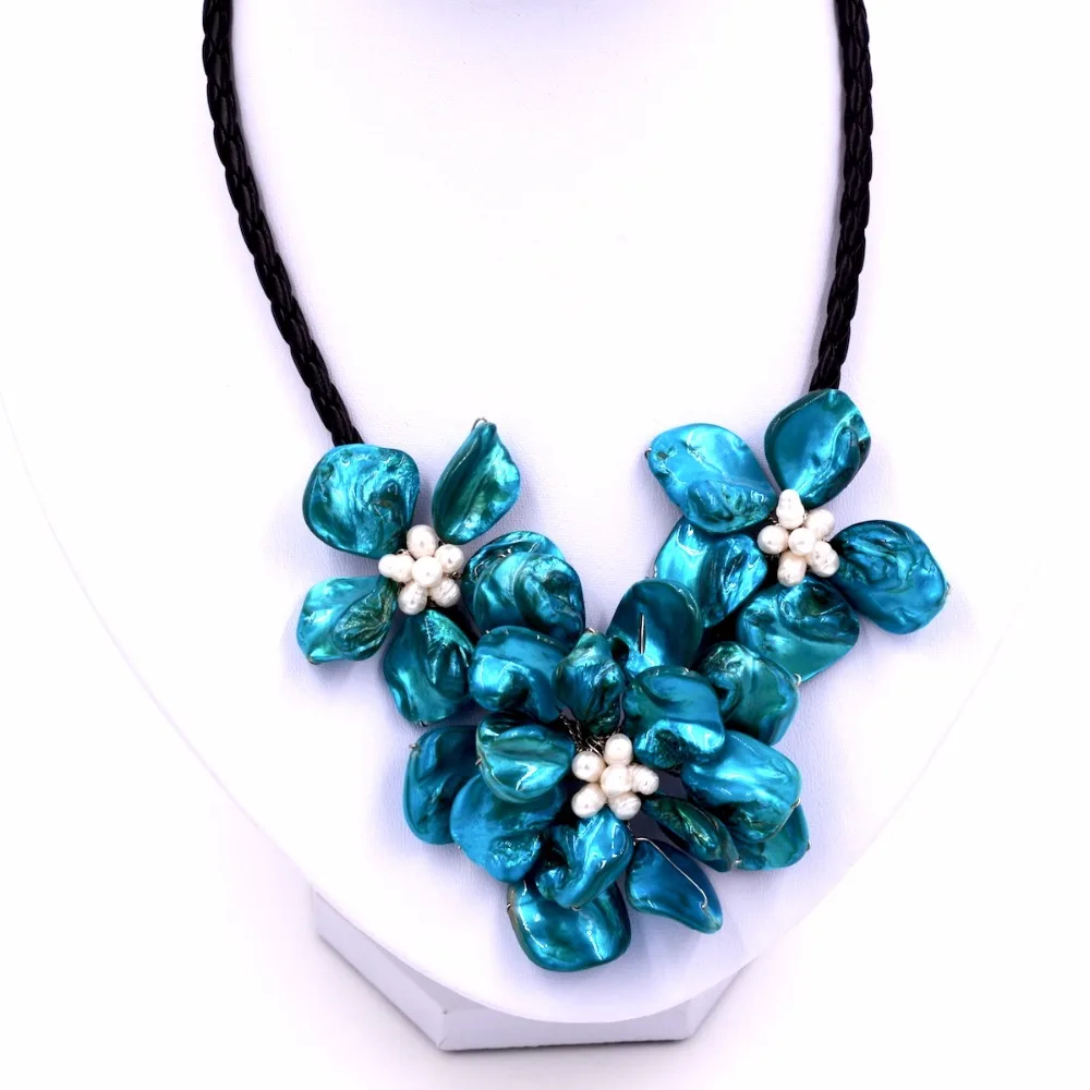 

HOT SALE Baroque Blue Shell Pearl Flower pendant & Rope 18'' pearls leather necklace