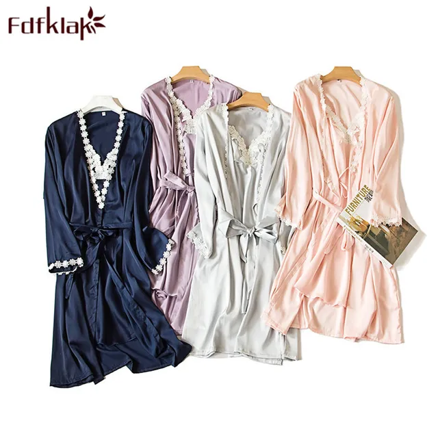 Best Offers Fdfklak Women Nightdress And Robe Set 2018 Spring Summer Sleepwear Gown Sexy Night Suits Silk Nightgown Set Night Gown XL Q913