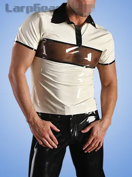 

Handmade Sexy Latex Polo Shirt With Transparent Brown Trims Rubber Shirt