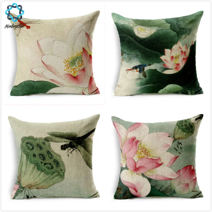 1 Pcs Cotton Linen Square Vintage Chinese Lotus Flowers Picture Throw