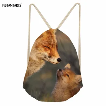 

INSTANTARTS Casual Softback Drawstring Bags Woman Man Cute Animal Fox 3D Printing Backpacks Multi-function Large Beach Sack Bags