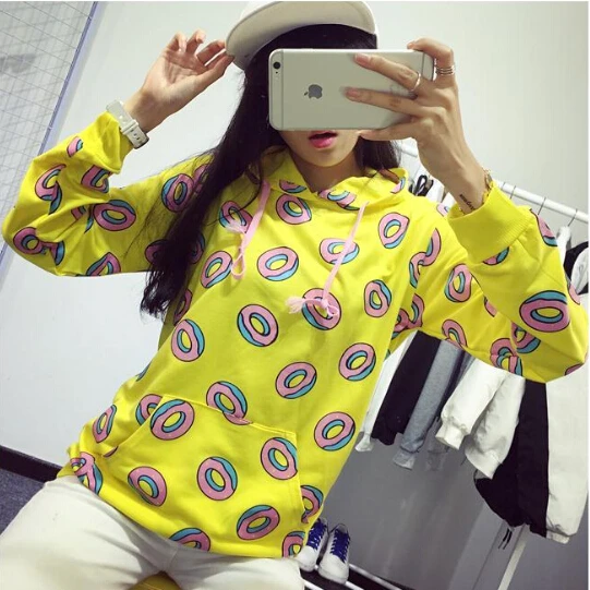  2018 Autumn Cute Donut Print Pullovers Women Hoodies Sweatshirts Yellow Unisex Sudaderas Mujer Fash