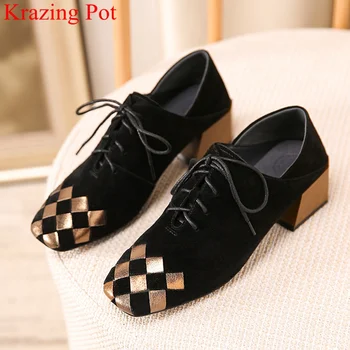 

Krazing Pot big size kid suede med heel lace up women pumps square toe office lady elegant mixed colors casual autumn shoes L3f5
