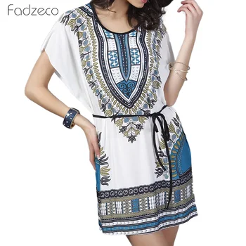 

Fadzeco African Dress For Women Crew Neck Ethnic Print Mini Dress Slim waist Belt Bat Short Sleeve Beach Dress African Clothes