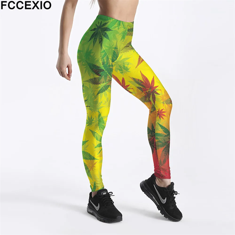 

FCCEXIO New Workout Leggings High Waist Fitness Legging Weeds Maple Leaf 3D Printed Leggins Female Leg Pants Large Size Leggings