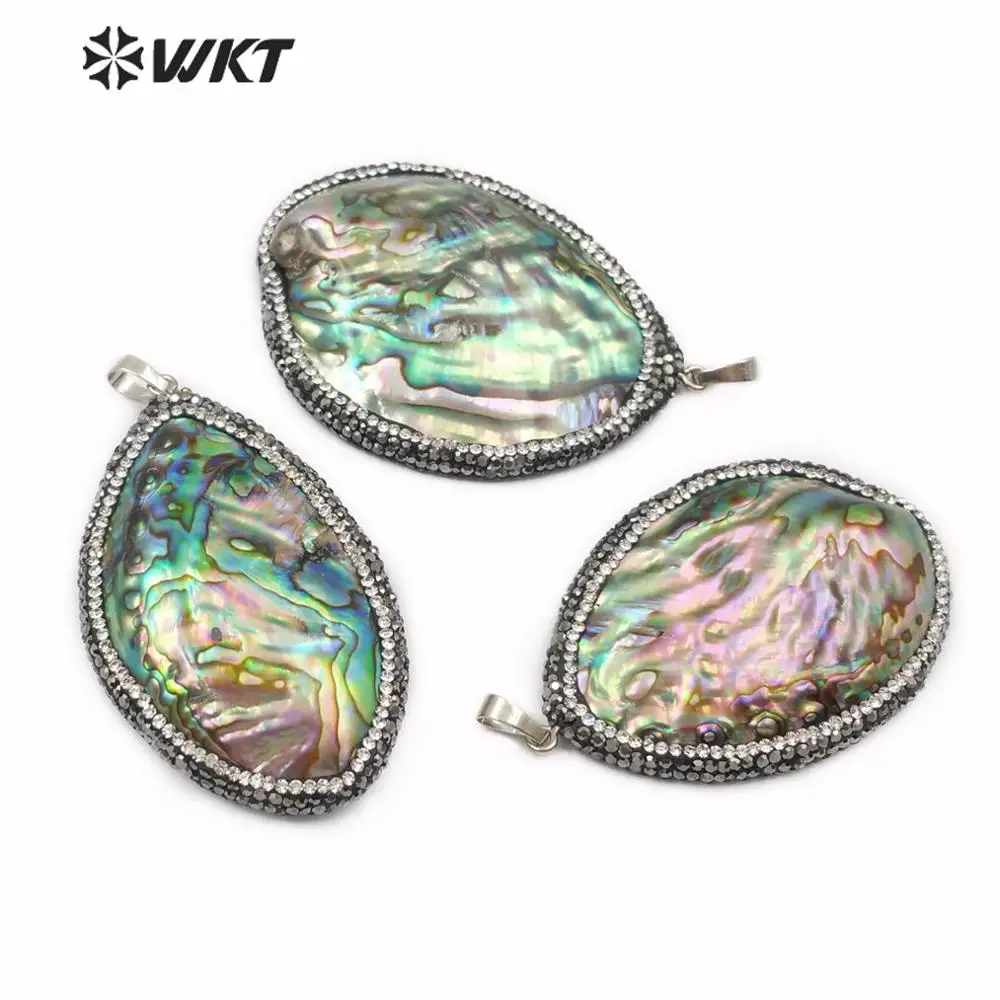 

WT-NP385 Natural Abalone Shell Pendant Rainbow Color With Rhinestone Pave Around Pendant Summer Beach Pendent Necklace