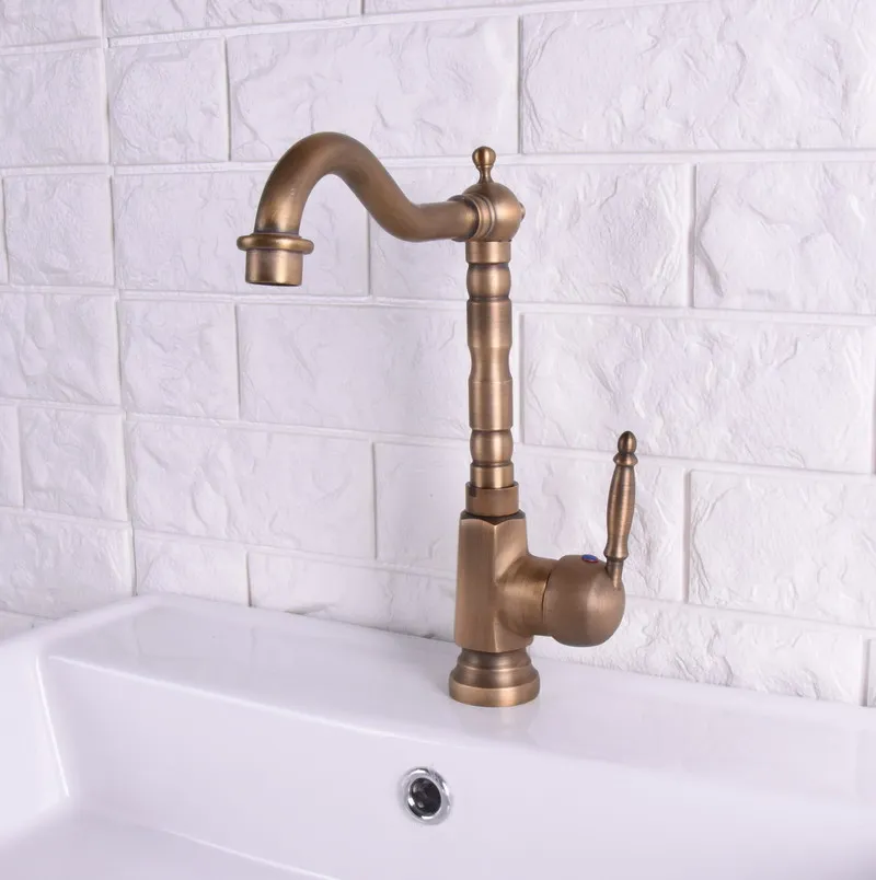 Vintage Antique Brass Single Ceramic Lever Handle Swivel Spout Bathroom Basin Kitchen Sink Faucet Cold & Hot Mixer Tap asf113