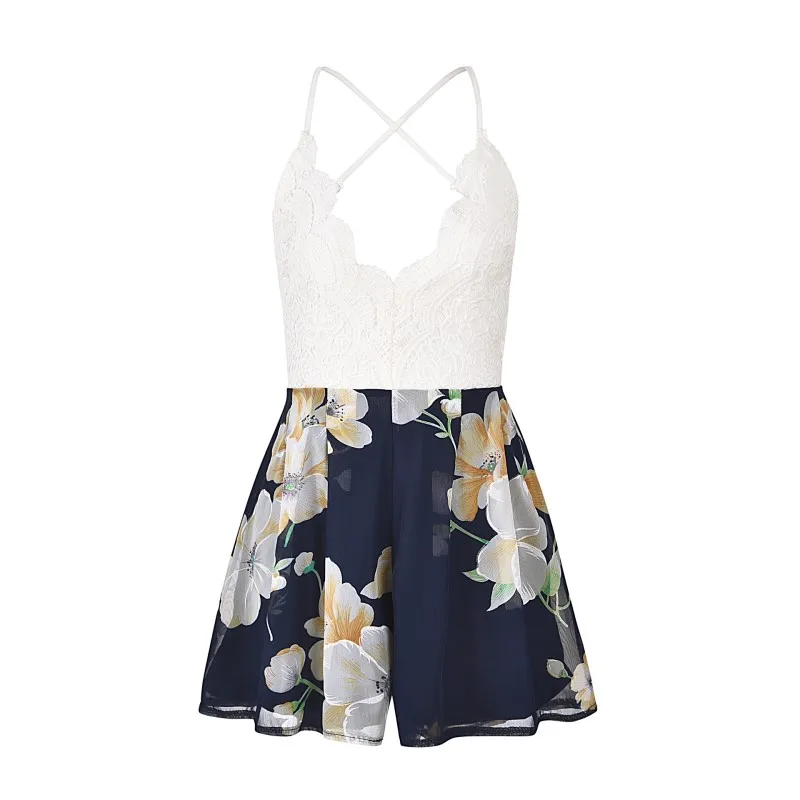sexy beach plus size playsuit romper backless lace chiffon floral women romper summer one piece shorts tunic overalls 81617.