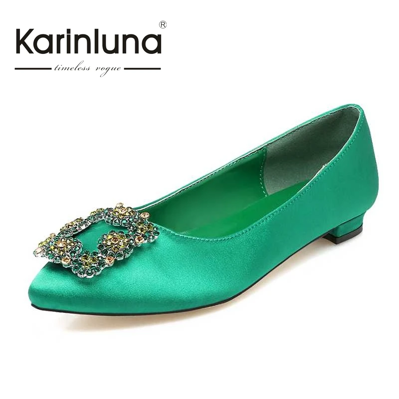 

KARINLUNA Spring And Autumn Elegent Mental Decoration Green Flats Pointed Toe Rhinestone Low Heels Women Shoes