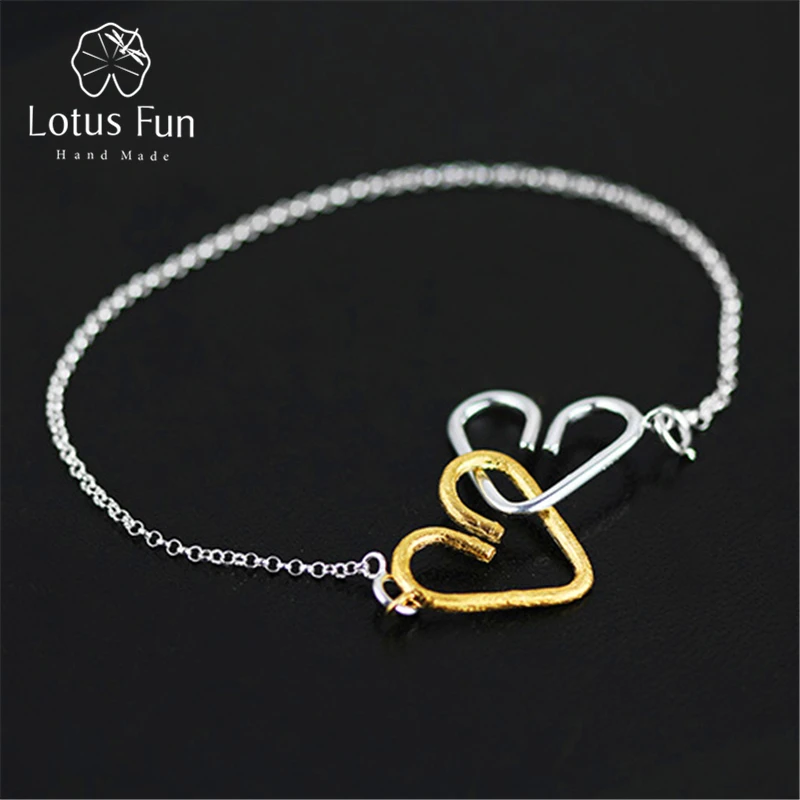 

Lotus Fun Real 925 Sterling Silver Creative Handmade Fine Jewelry Exclusuive Romantic Sweet Heart To Heart Bracelet for Women