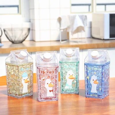 

Korean Mr. Duck fashion milk carton square ice cup cute cartoon double layer cooling straw plastic cup water mugs cup with lid