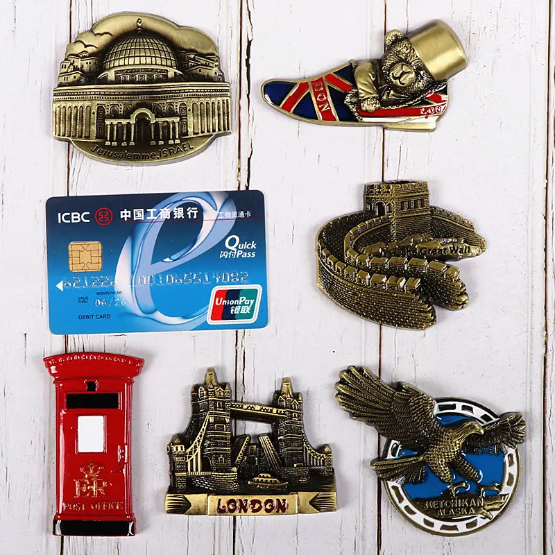 Европейские наклейки на холодильник, металлический магнит, трехмерный британский, французский, американский, корейский, японский Сингапур Туризм