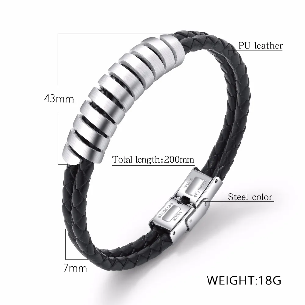 FATE LOVE Punk Male Men Statement Charm Bracelets Fashion Jewelry Gift Black PU Leather Wristlet Stainless Steel PH1286