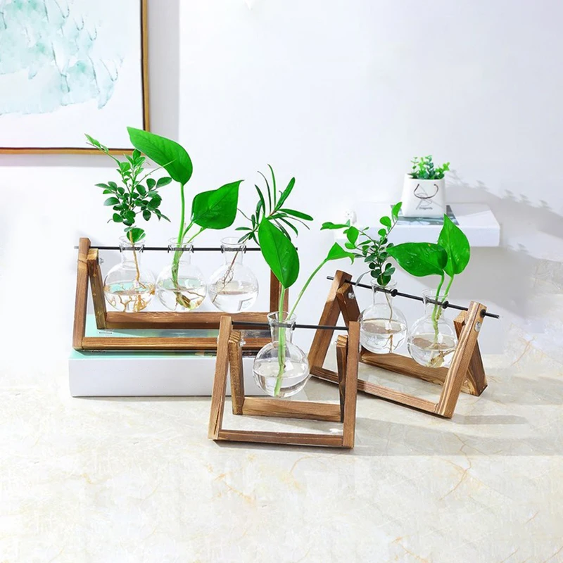 

2019 New Glass And Wood Vase Planter Terrarium Table Desktop Hydroponics Plant Bonsai Flower Pot Hanging Pots with Wooden Tray