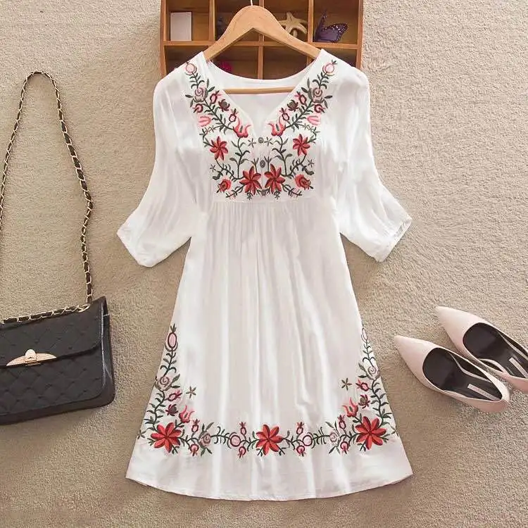 

2019 Women Mexican Embroidered Floral Peasant Blouse Vintage Ethnic Tunic Boho Hippie Clothes Dressy Tops Blouses