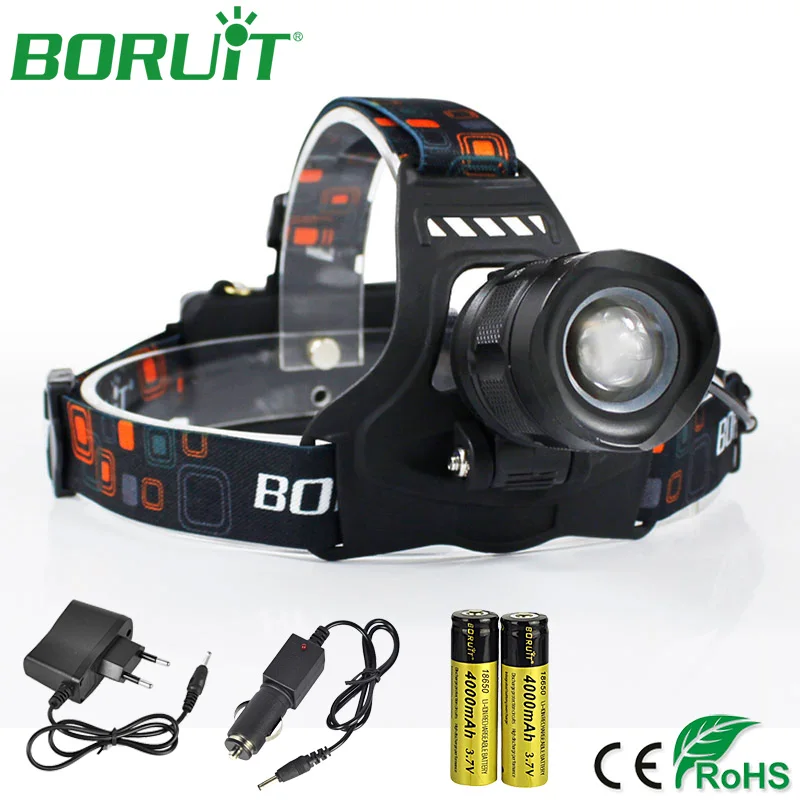 BORUiT 1280lm XM-L2 LED Headlamp Flashlight Rechargeable 5 Modes Headlights Camping Hunting Head Torch Light by 18650 Batteries