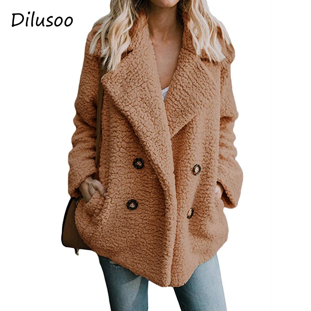 

Dilusoo 2019 Autumn Basic Coats Women Full Sleeve Solid Button Pockets Thick Fleece Woolen Loose Coat Female Winter Jacket Coats