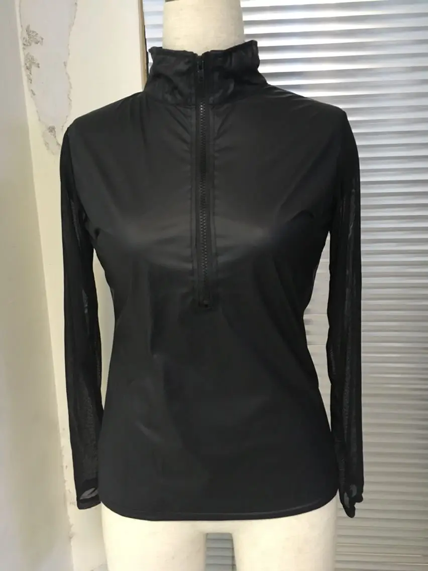 Новая Осенняя женская прозрачная кожаная футболка с длинными рукавами, сетчатые сексуальные топы с глубоким v-образным вырезом, Лоскутная перспективная одежда - Цвет: Черный
