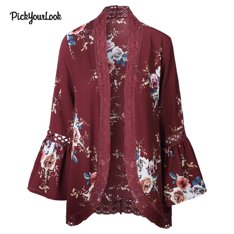 PickyourLook женский кардиган с длинным рукавом, женские топы, кружевной кардиган, Осенний лоскутный цветочный кардиган размера плюс, Женский кимоно, кардиган, верхняя одежда - Цвет: Красный