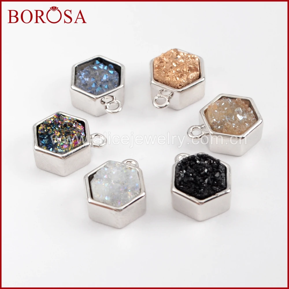 

BOROSA 10PCS Silver Color Bezel Hexagon Natural Druzy Titanium Rainbow Charm Beads Drusy Pendant for Jewelry Making ZS0139