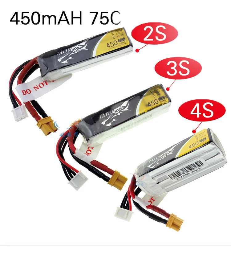 Литий-полимерный аккумулятор tattu 450mAh 75C 2S 7,4 V 3S 11,1 V 4S 14,8 V с разъемом XT30 Battey для RC FPV Racing Drone Quadcopter Toys