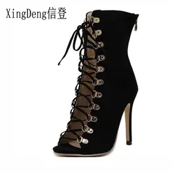 XingDeng для девочек вечерние пикантные вечерние платье Европейский мотоциклетная обувь сапоги на высоком каблуке обувь со шнуровкой повязки