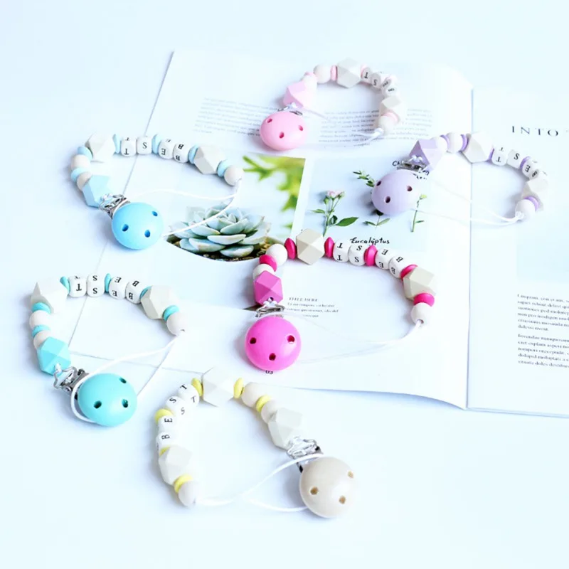 

Dummy Clip Soother Nipple For Baby Kids Pacifier Chain Pacifier Clip Wooden Silicone Beads Baby Soother Holder Letter Chain Baby