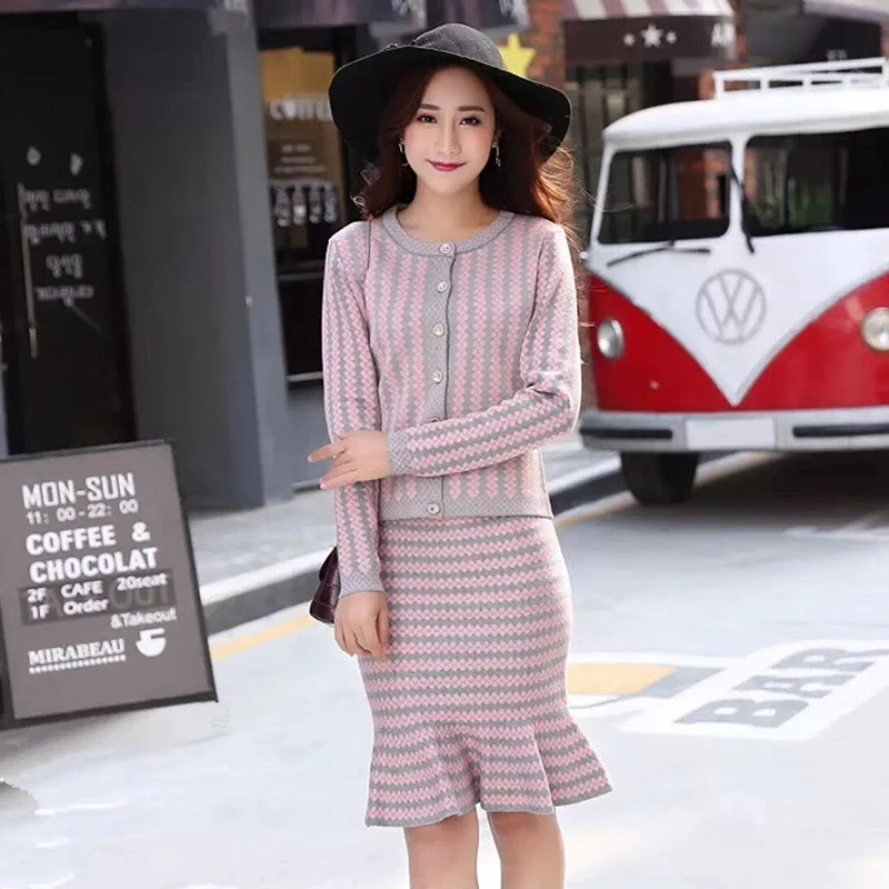 Женский трикотажный кардиган с юбкой годе и длинным рукавом|mini skirt set|skirt setsweater set |