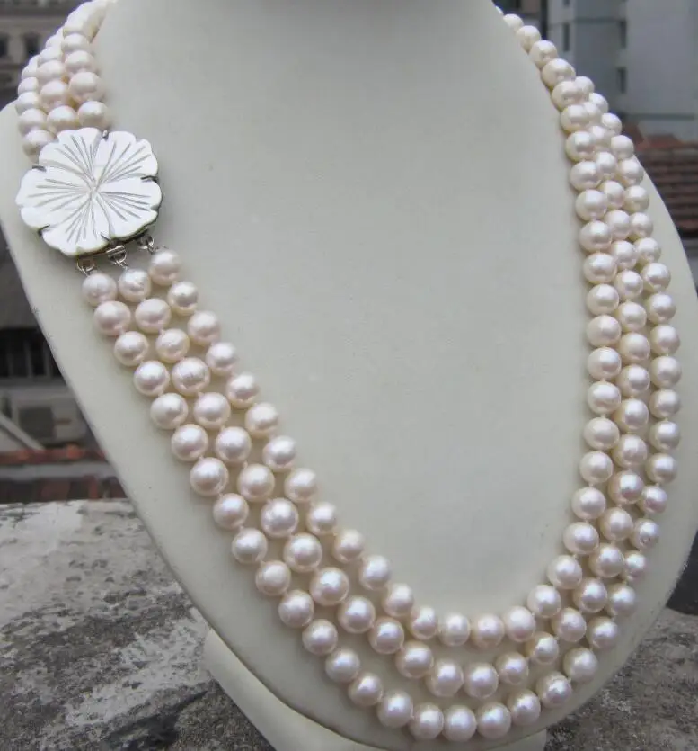 

3 ROW 9-10MM natural Akoya south sea white Pearl Necklace 20-23'' clasp (9.13)