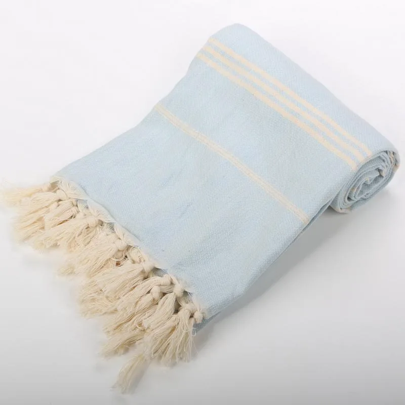 Турецкое банное полотенце с кисточками, мягкое махровое Полосатое пляжное полотенце для взрослых, Солнцезащитная шаль для путешествий, кемпинга, гобелен с кисточками 100x180 см - Цвет: sky blue stripe