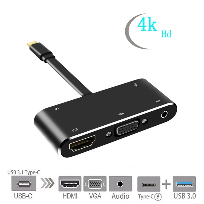 

5 in 1 USB C to HDMI Adapter 4K Type-C to HDMI/VGA/Audio/USB 3.0 Port+USB C Port(PD) Converter for Nintend Switch Laptop Macbook
