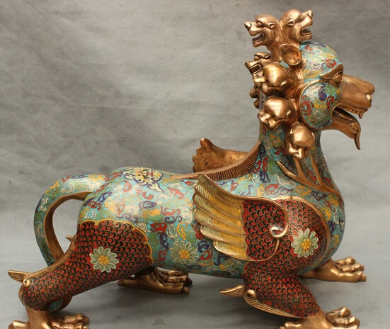 

shitou 001870 22" FengShui Chinese Cloisonne Bronze 9 Head Beast Unicorn Kylin Lion Statue discount 30% (C0324)