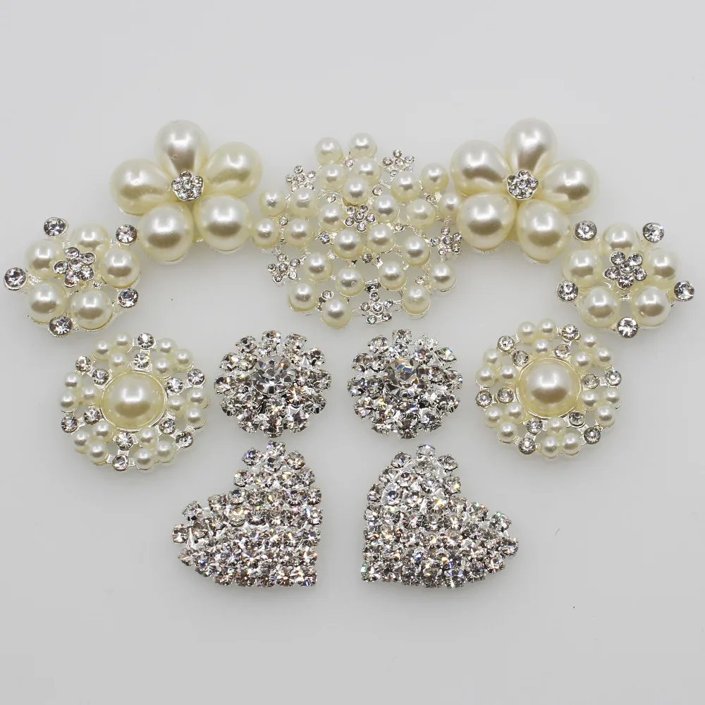  Fashion 11pc mixed size alloy pearl rhinestone combination button Flatback crystal brooch invitatio