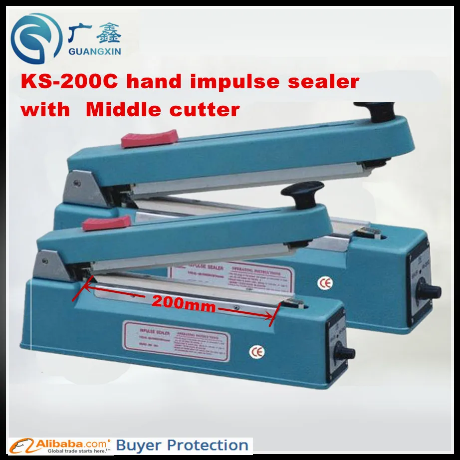 

Free Shipping KS-200C hand impulse sealer with middle cutter heating impulse sealer Manual sealing machine Aluminum body
