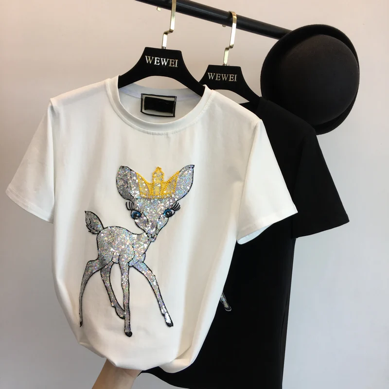 

Sanishroly 2018 Fashion Women Summer T-Shirts Tee Female Casual Deer Sequined T Shirt Students Short Sleeve T Shirts Tops SE090
