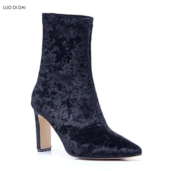 

2018 fashion women velvet boots women ankle booties ladies party shoes point toe boots sequin sock boots thin heel navy blue