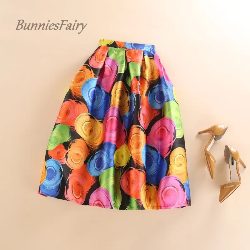 

BunniesFairy 2019 Spring Summer New Sweet Bright Mix Candy Geometric Print Pleated Midi Skirt Tutu Long Saia Faldas Holiday Wear