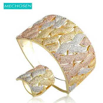 

MECHOSEN Luxury Copper Jewelry Sets Width Bracelet Bangle Ring Micro Paved 3 Tones Zirconia Women Wedding Party Hand Accessories