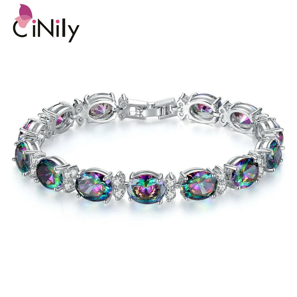 CiNily قوس قزح الصوفي زركونيا سلسلة سوار الفضة مطلي كبيرة البيضاوي واضح تشيكوسلوفاكيا الكريستال حجر ستراند تنس الإسورة حزب مجوهرات