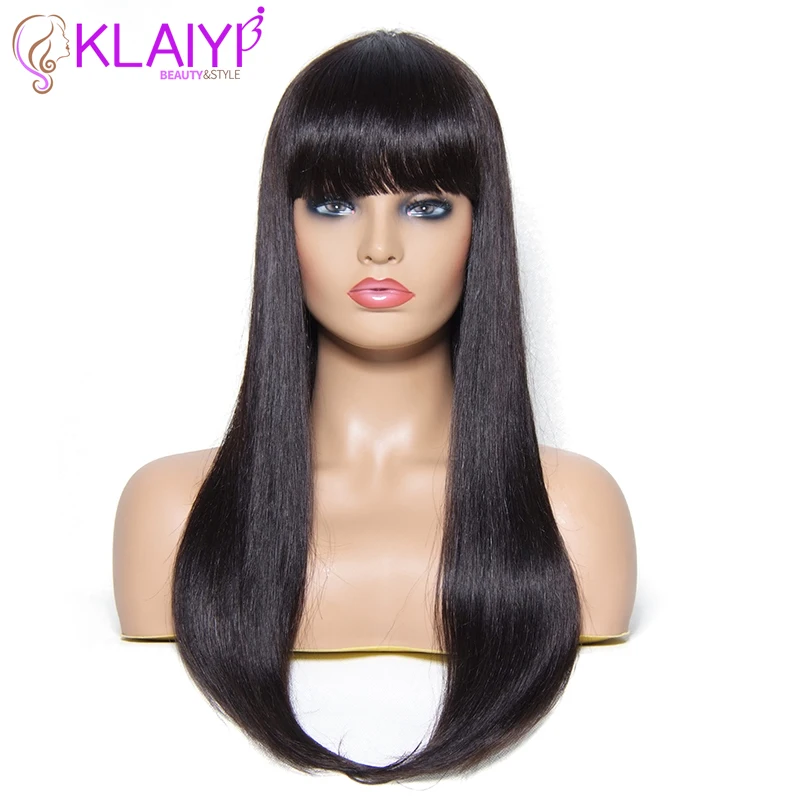 

Klaiyi Hair Straight Human Hair Wigs 22 Inch Long Brazilian Remy Human Hair Wigs With Bang For Women Natural Color #1 #2 #4