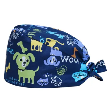 

Pet Shop Caps for Women and Men 100% Cotton Dog Cat Print Surgical Medical Hats Strap Tie Back Elastic Working Hat One Size 2018