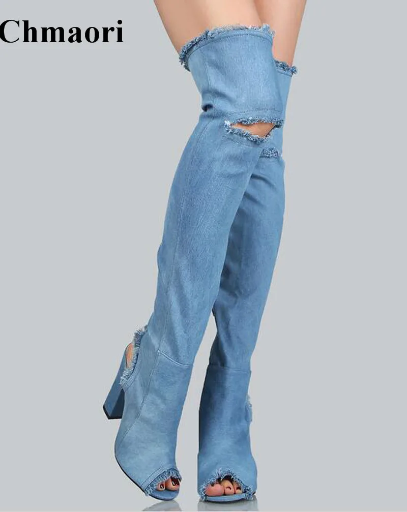 

Women Street Open Toe Over Knee Denim Chunky Heel Boots Cut-out Long Thick Heel High Heel Boots Free Shipping