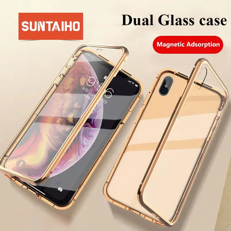 Suntaiho Магнитный чехол для iPhone XS Max Case XR двойной закаленный стеклянный магнит Адсорбция чехол для iPhone 7 Plus стеклянная крышка бампер