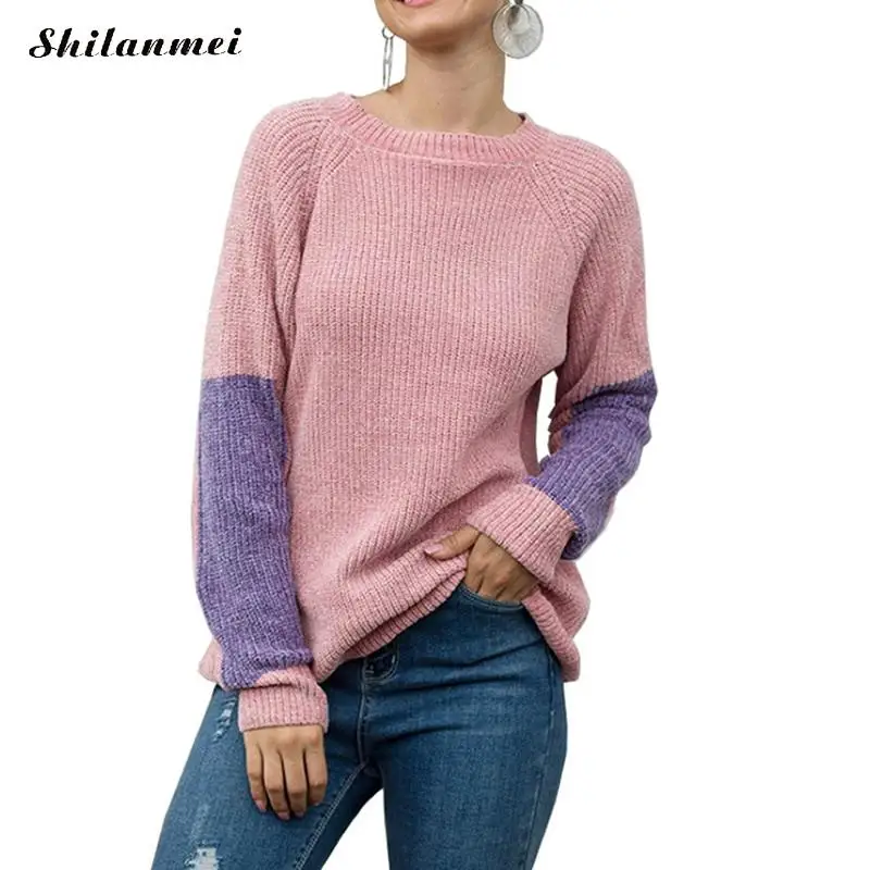 Осенний вязаный пуловер с круглым вырезом и длинными рукавами в стиле пэчворк, зимний Повседневный джемпер, свитер, модная женская одежда