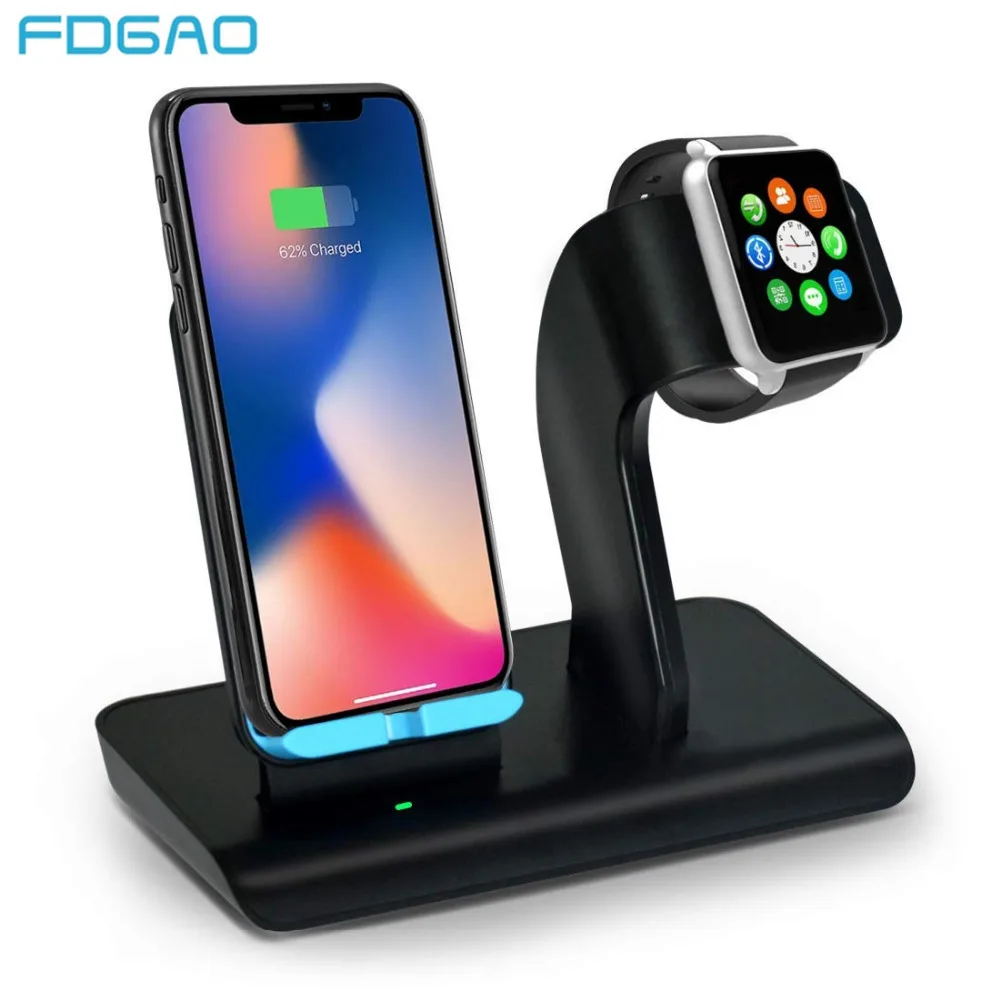 FDGAO Fast Charging Stand For iPhone XS/XS Max/XR/X/8/8 Plus 10W Qi Wireless Charger For Apple Watch 4/3/2/1 Dock Station Holder
