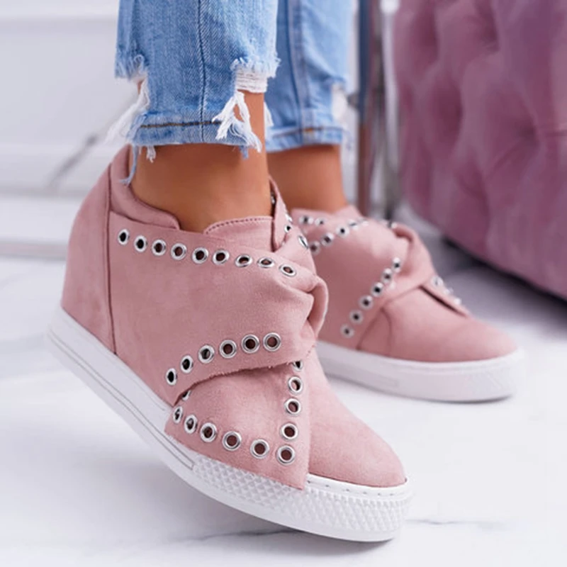 Casual Flat Plus Size Women Sneakers Ladies Suede Bow Tie Slip On Vulcanized Shoes Female Increase in Flats Footwear