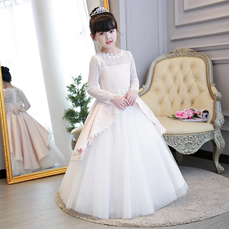

2018 Autumn Winter New Children Girls Luxury Elegant Birthday Wedding Party Long Sleeves Lace Dress Teens Kids Host Piano Dress