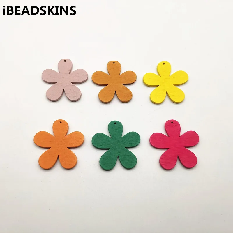 

New arrival! 34mm 100pcs/lot Environmental Paint flower-shape Wood charm For Earring parts Earring handmade jewelry making